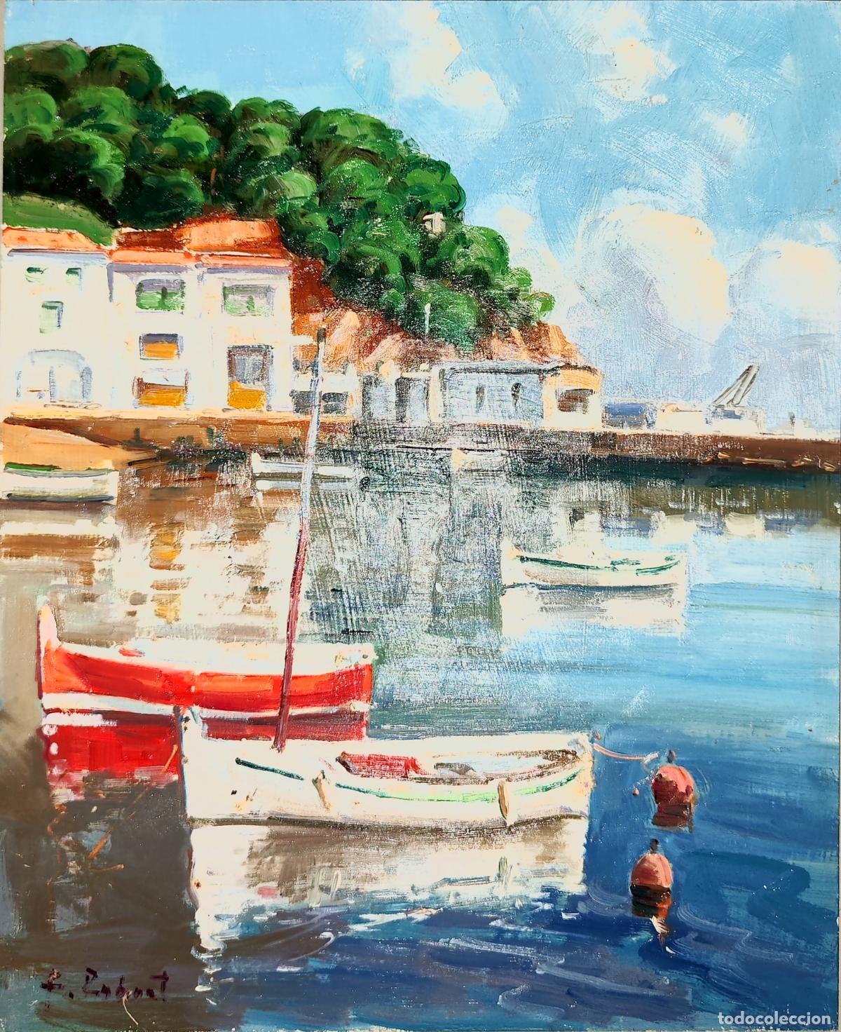 Arte: Oleo sobre tabla. Paisaje maritimo con barcos. Firmado F. Robert. 22 x 27 cm