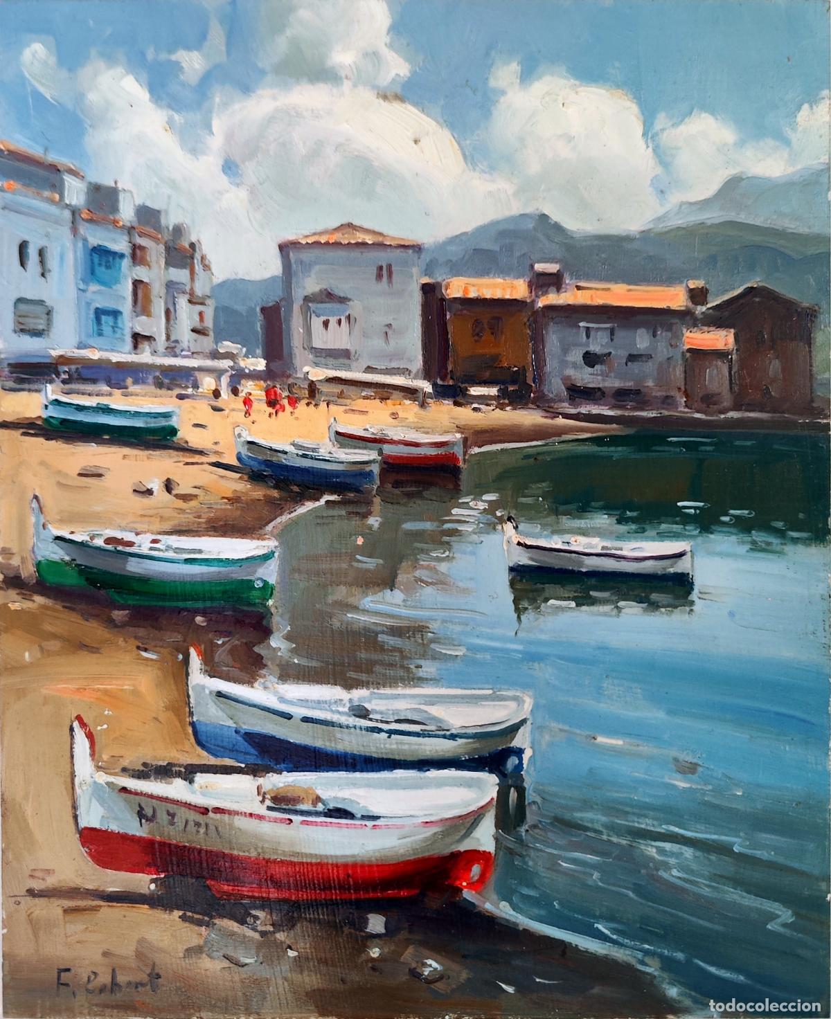 Arte: &Oacute;leo sobre tabla de F. Robert. Paisaje mar&iacute;timo con embarcaciones. 22 x 27 cm