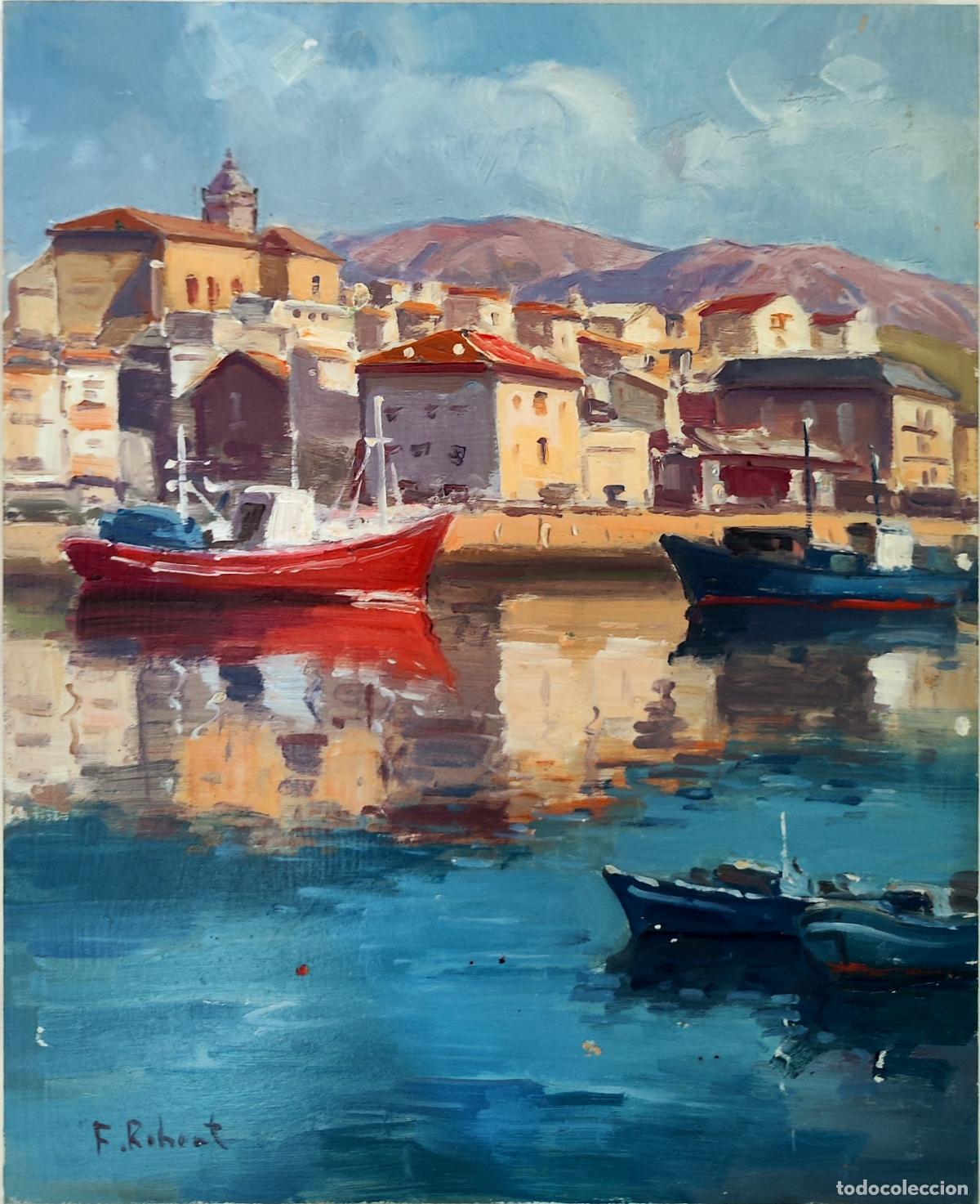 Arte: &Oacute;leo sobre tabla. Puerto mar&iacute;timo con barcos. Firmado F. Robert. 22 x 27 cm