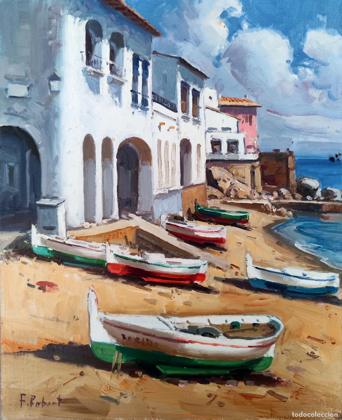Arte: Oleo sobre tabla. Paisaje mar&iacute;timo con barcas. Firmado F Robert. 22 x 27 cm
