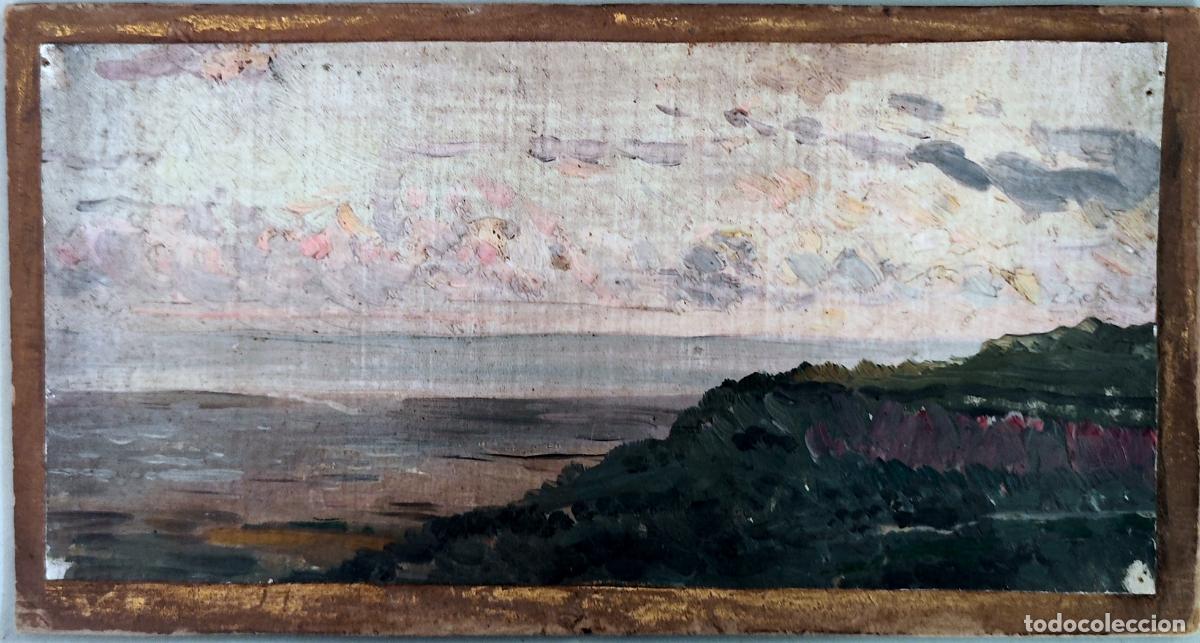 Arte: Oleo sobre tabla. Paisaje marino. Anonimo. 28 x 15 cm