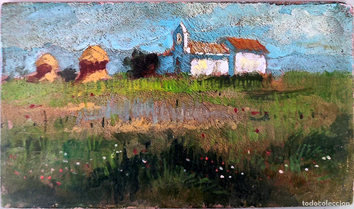 Arte: &Oacute;leo sobre tabla. Paisaje con reflejos. Ricardo Rubio. 22 x 13 cm