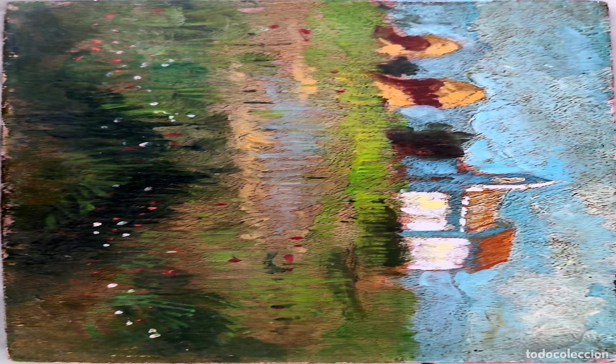 Arte: &Oacute;leo sobre tabla. Paisaje con reflejos. Ricardo Rubio. 22 x 13 cm