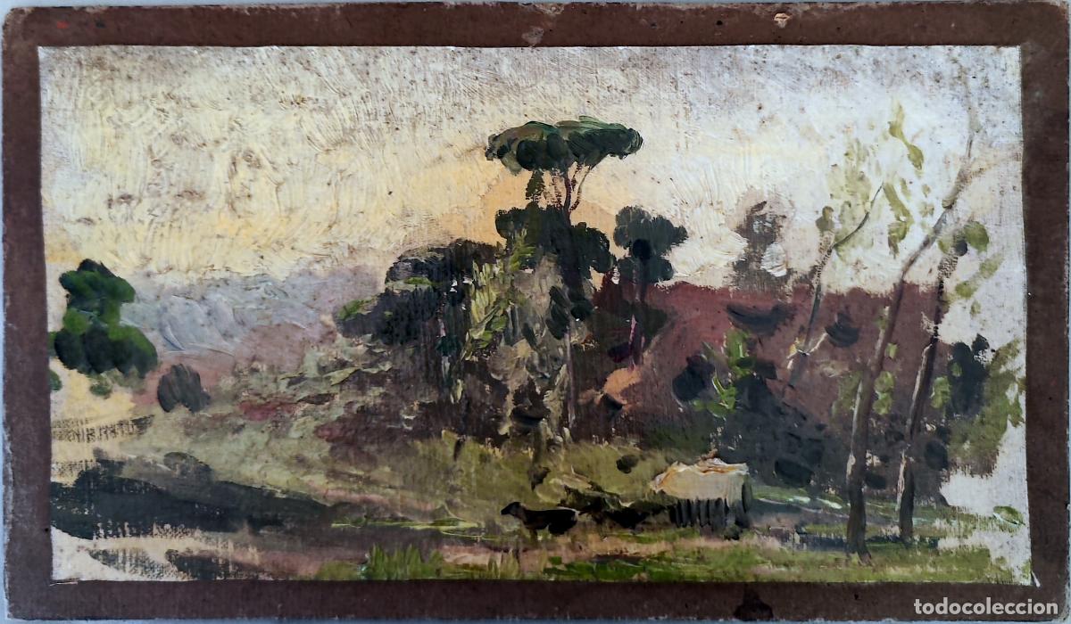 Arte: Oleo sobre tabla. Paisaje con ganado. An&oacute;nimo. 24 x 14 cm