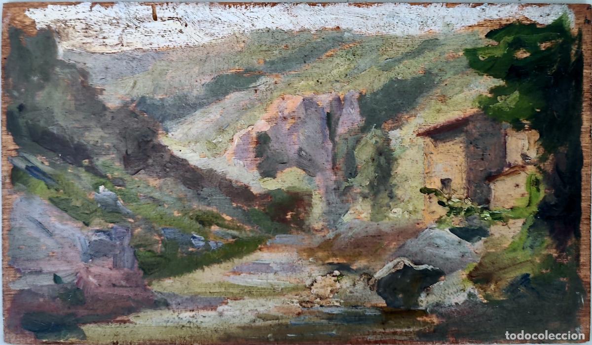 Arte: &Oacute;leo sobre tabla. Paisaje rural con casa. An&oacute;nimo. 24 x 14 cm