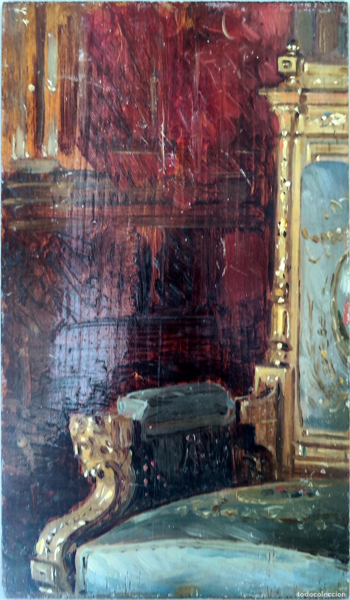 Arte: &Oacute;leo sobre tabla. Interior con mobiliario. An&oacute;nimo. 14 x 24 cm