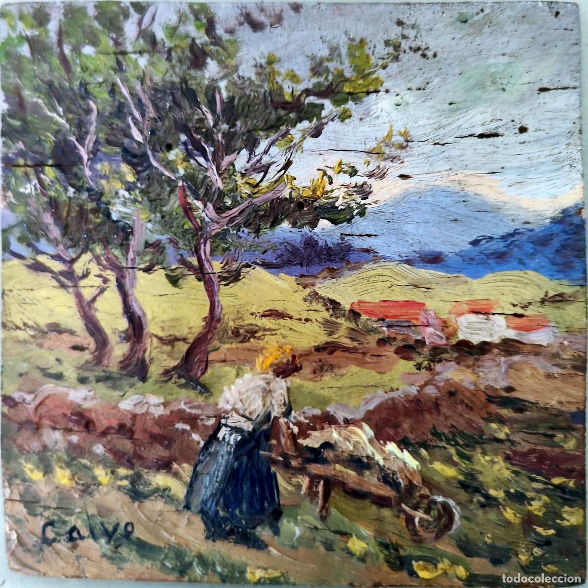 Arte: &Oacute;leo sobre tabla de Calvo. Paisaje rural con figura y carro