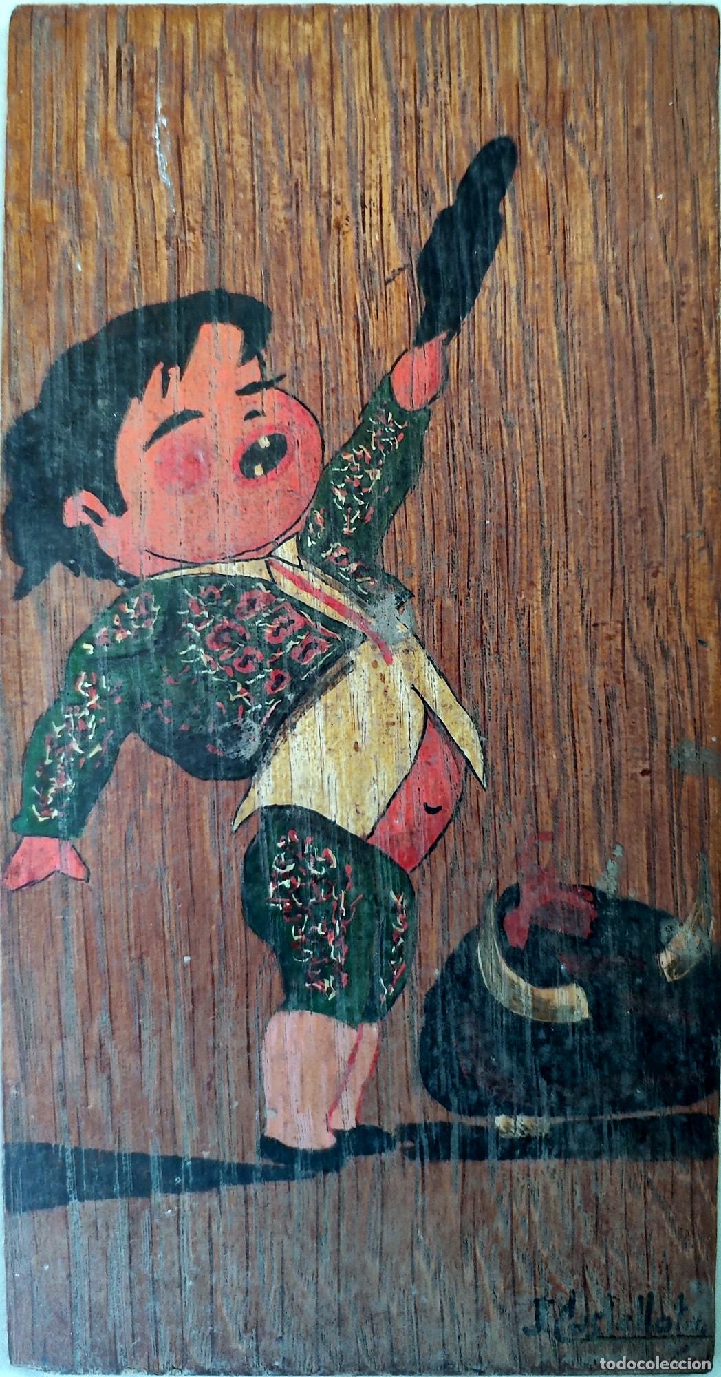 Arte: &Oacute;leo sobre tabla. Ni&ntilde;o con traje de luces. J Castellot. 11x21 cm