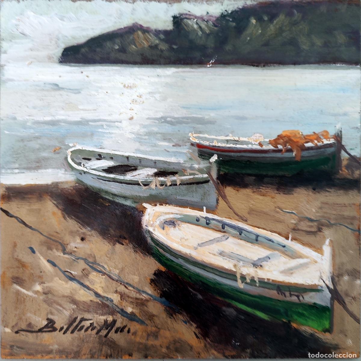 Arte: Oleo sobre tabla. Barcas en la playa. Enric Beltr&aacute;n Messa. 20x20 cm