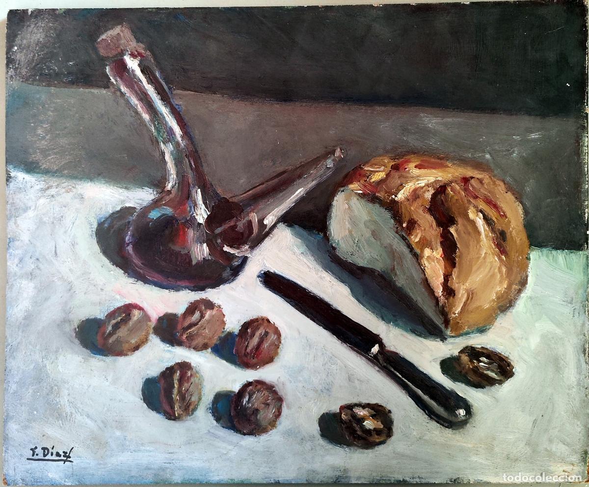 Arte: &Oacute;leo sobre tabla. Bodeg&oacute;n con pan y aceitunas. Francisco Diaz. 46x38 cm