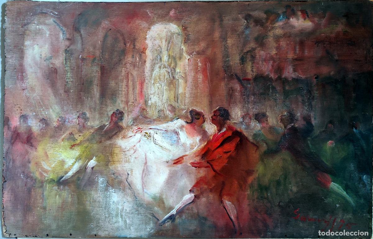 Arte: &Oacute;leo sobre tabla. Baile de sal&oacute;n. Firmado Sawoy. 56 x 36 cm