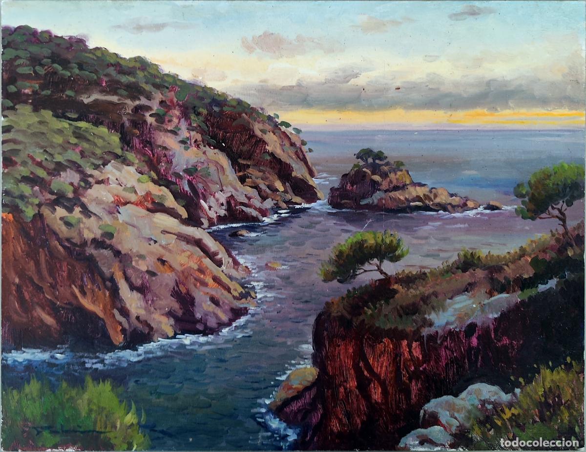 Arte: &Oacute;leo sobre tabla. Paisaje marino rocoso. Autor Fabian. 35 x 27 cm