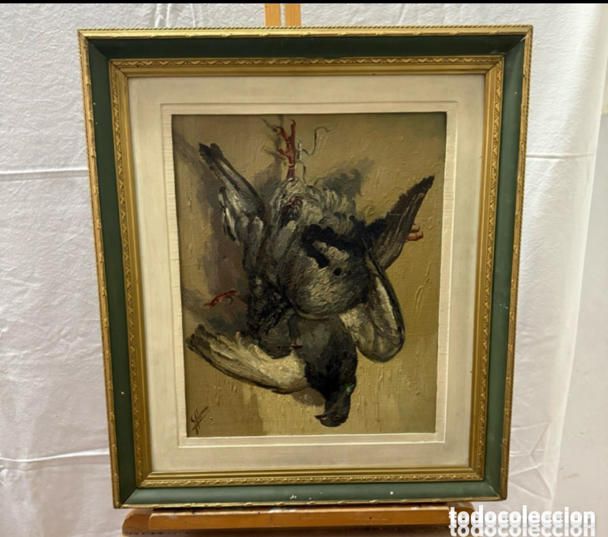 Arte: &Oacute;leo sobre tablex bodeg&oacute;n de caza firmado con marco siglo XX.