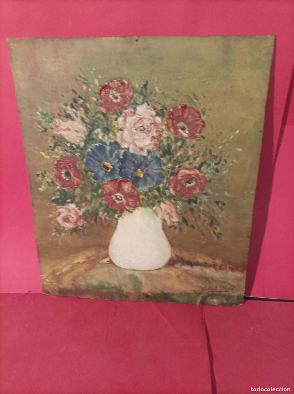 Arte: ANTIGUO OLEO SOBRE TABLA , FLORES, FIRMADO VIDAL DINE