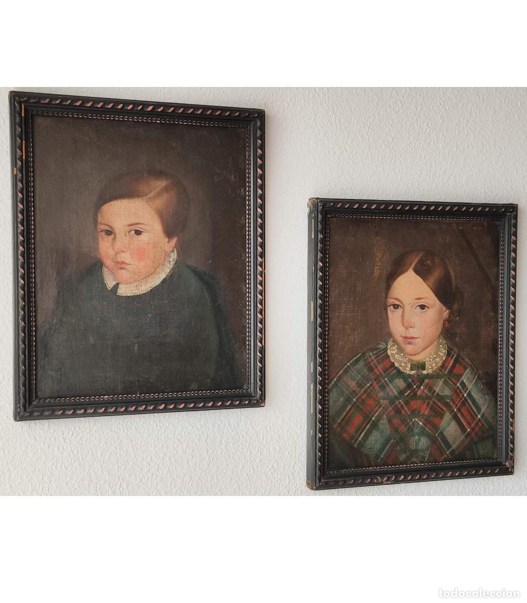 Arte: Conjunto de 2 cuadros, ni&ntilde;a y ni&ntilde;o, siglo XIX, enmarcados