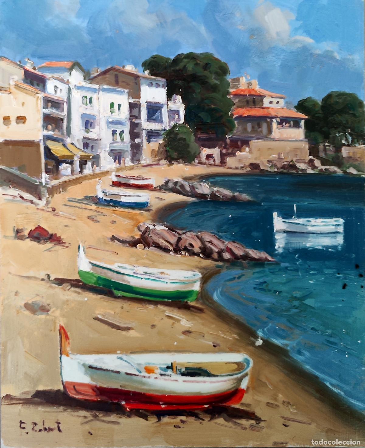 Arte: &Oacute;leo sobre tabla. Paisaje mar&iacute;timo con barcas. Firmado F Robert. 22 x 27 cm
