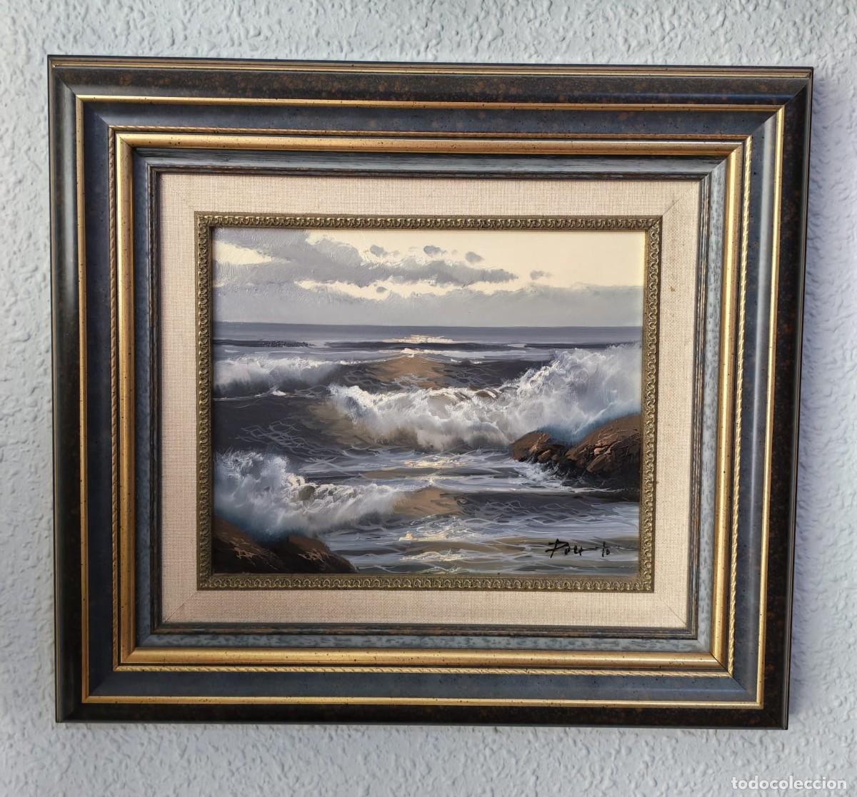 Arte: &Oacute;leo sobre lienzo - Marina / Rompiente de olas - Firmado por Puerto - Medidas 44x44 cm