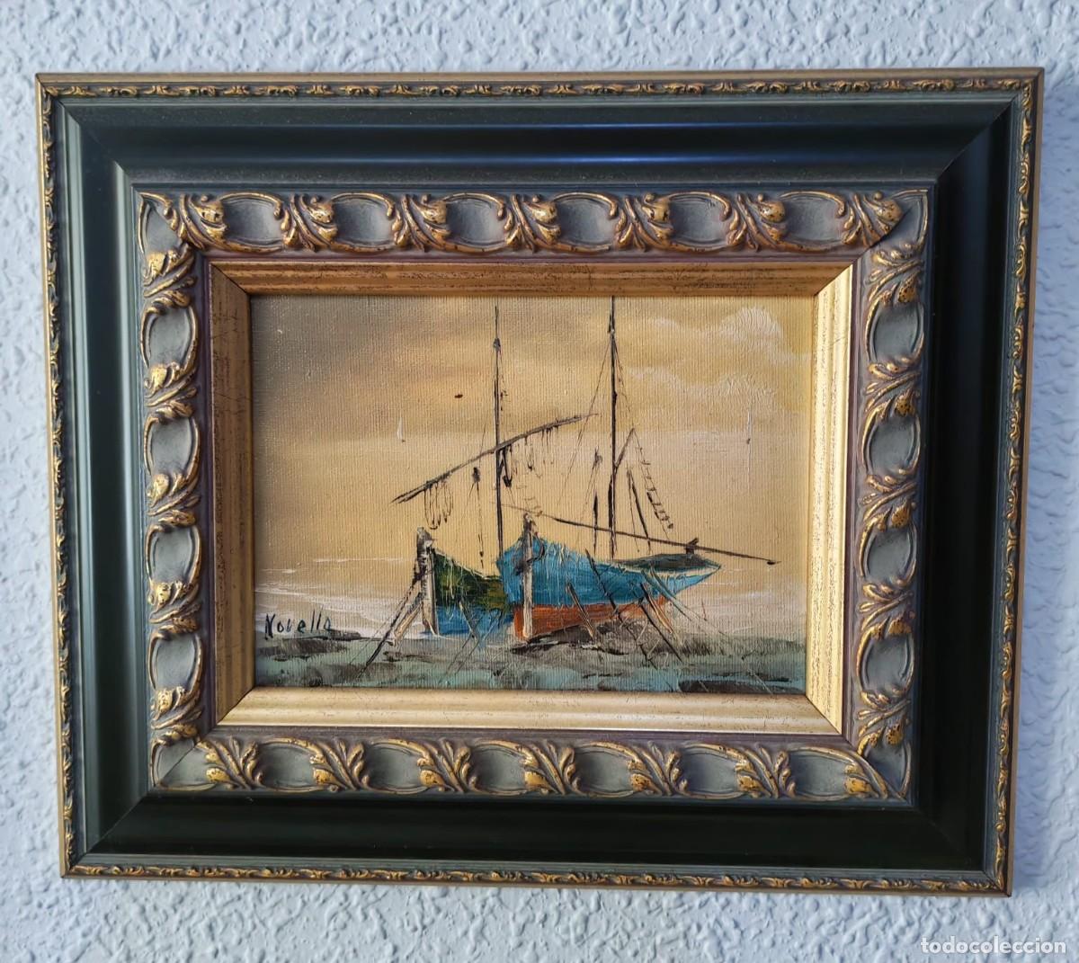 Arte: &Oacute;leo sobre lienzo - Marina / Barcas de pesca en la orilla - Firmado por Novella - Medidas 38x33