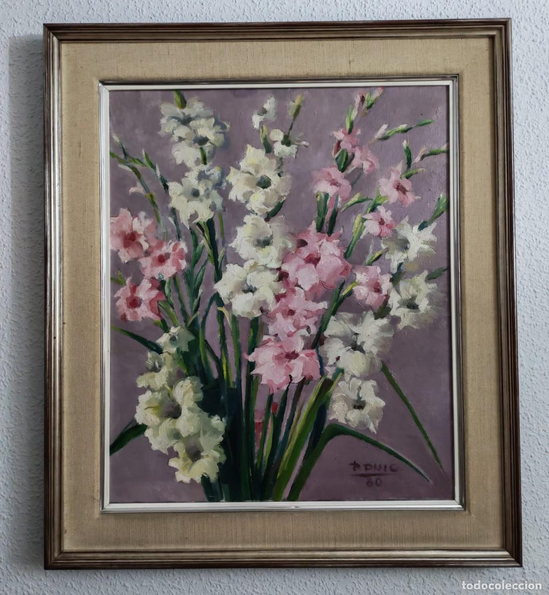 Arte: &Oacute;leo sobre lienzo - Bodeg&oacute;n con florero de gladiolos - Firmado por P. Puig (1980) - Medidas 84x74 cm