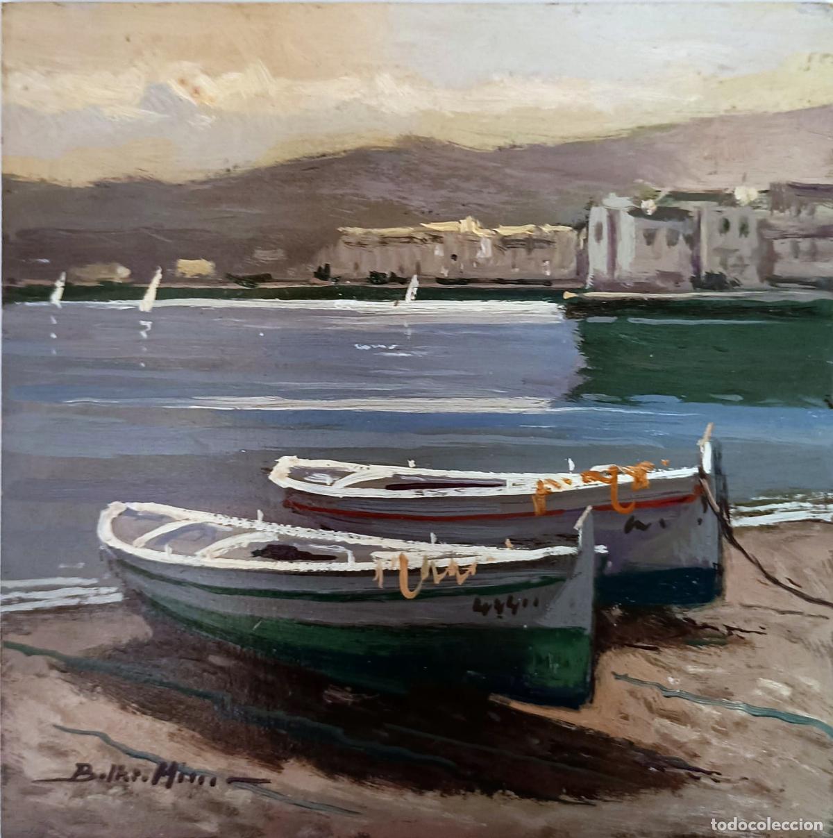 Kunst: &Oacute;leo sobre tabla. Barcos en la playa. Enric Beltr&aacute;n Messa. 20x20 cm