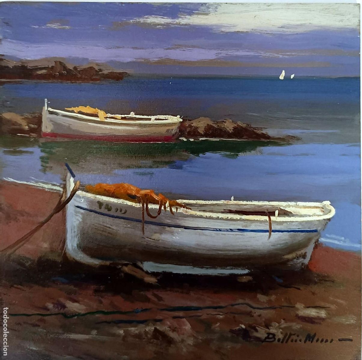 Kunst: &Oacute;leo sobre tabla. Paisaje mar&iacute;timo con barcos. Enric Beltr&aacute;n Messa. 20x20 cm