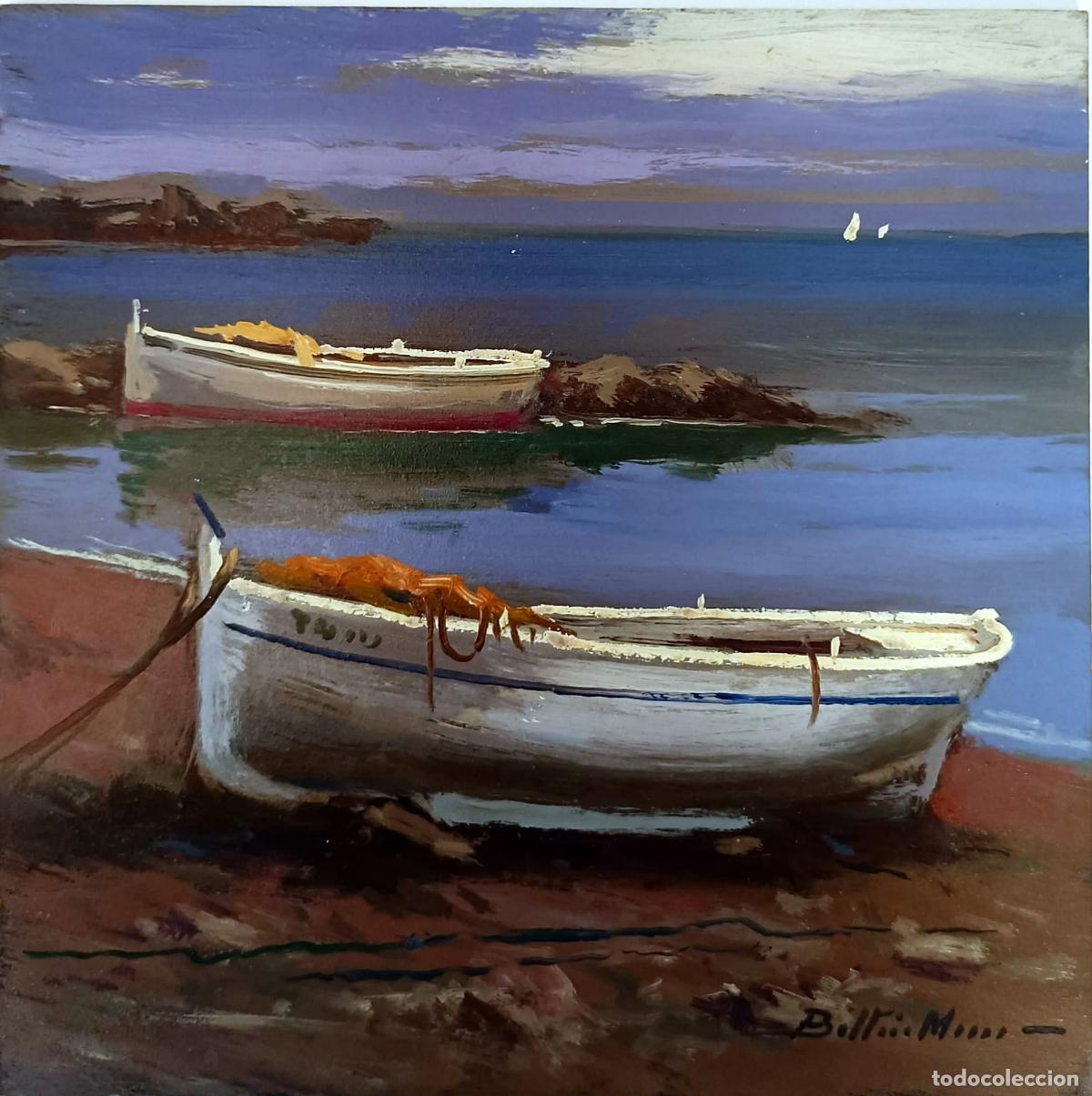 Kunst: &Oacute;leo sobre tabla. Paisaje mar&iacute;timo con barcas. Enric Beltr&aacute;n Messa. 20 x 20 cm