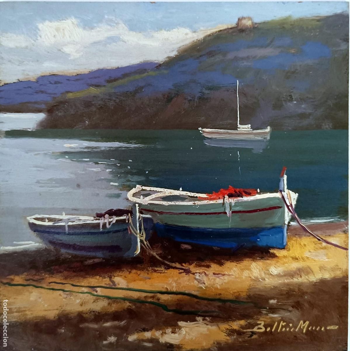Arte: &Oacute;leo sobre tabla. Paisaje mar&iacute;timo con barcas. Enric Beltr&aacute;n Messa. 20x20 cm