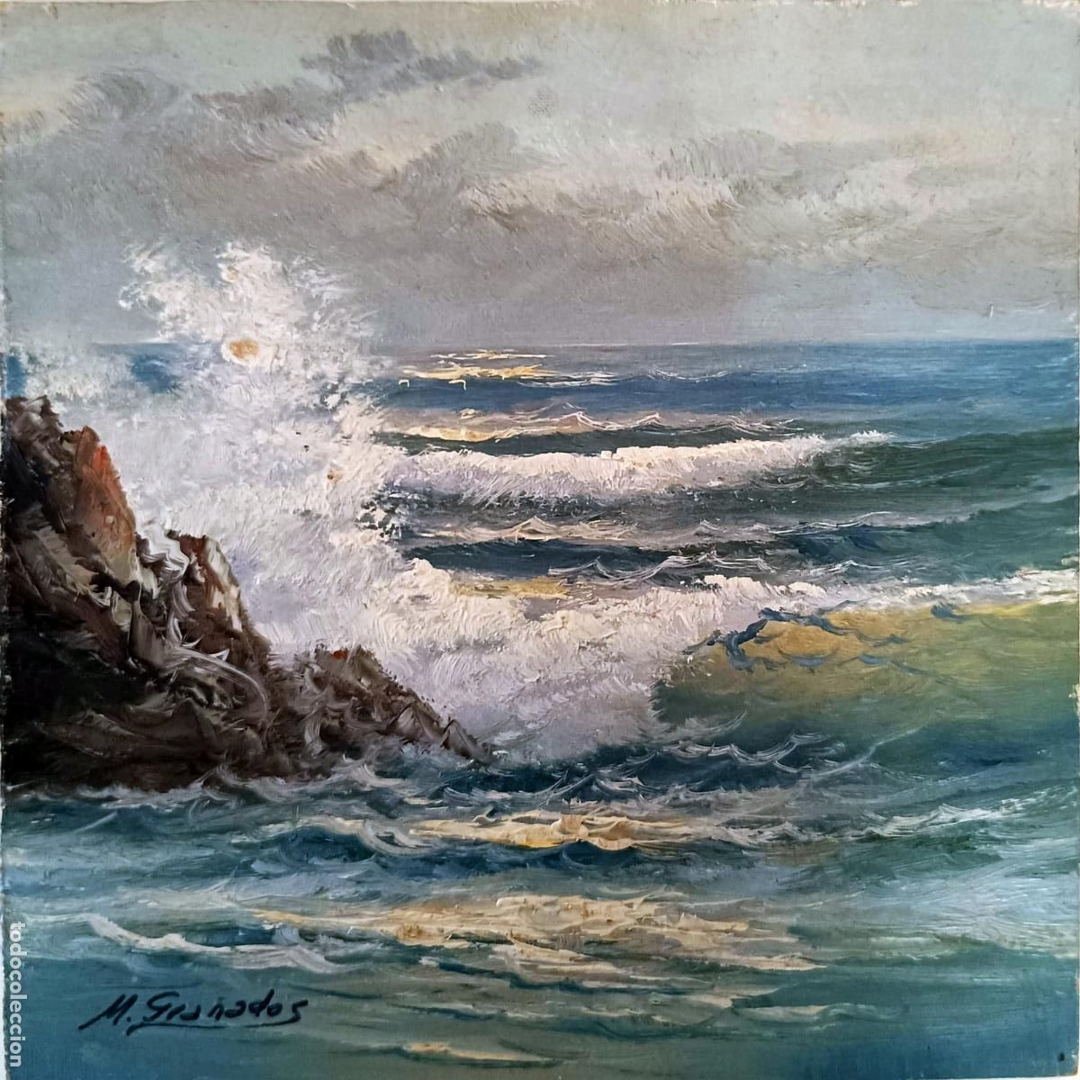Kunst: &Oacute;leo sobre tabla. Mar agitado y rocas. Miguel Granados. 20x20 cm