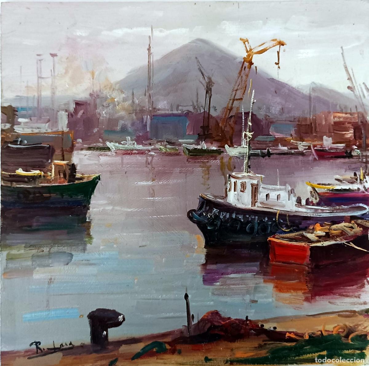 Kunst: &Oacute;leo sobre tabla de Rafael Lara. Puerto con barcos. 20 x 20 cm