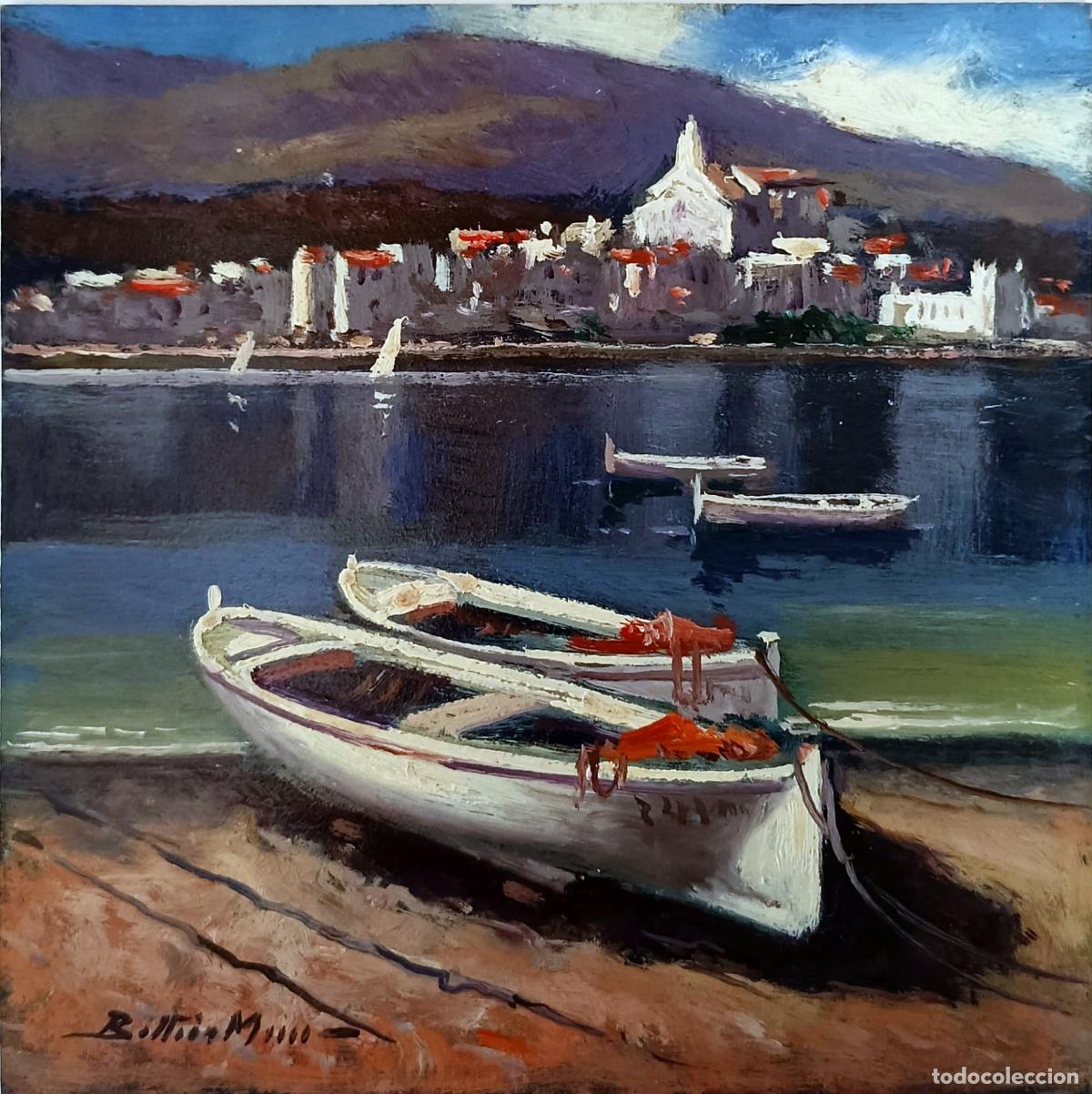 Kunst: &Oacute;leo sobre tabla. Paisaje mar&iacute;timo con barcas. Enric Beltr&aacute;n Messa. 20x20 cm