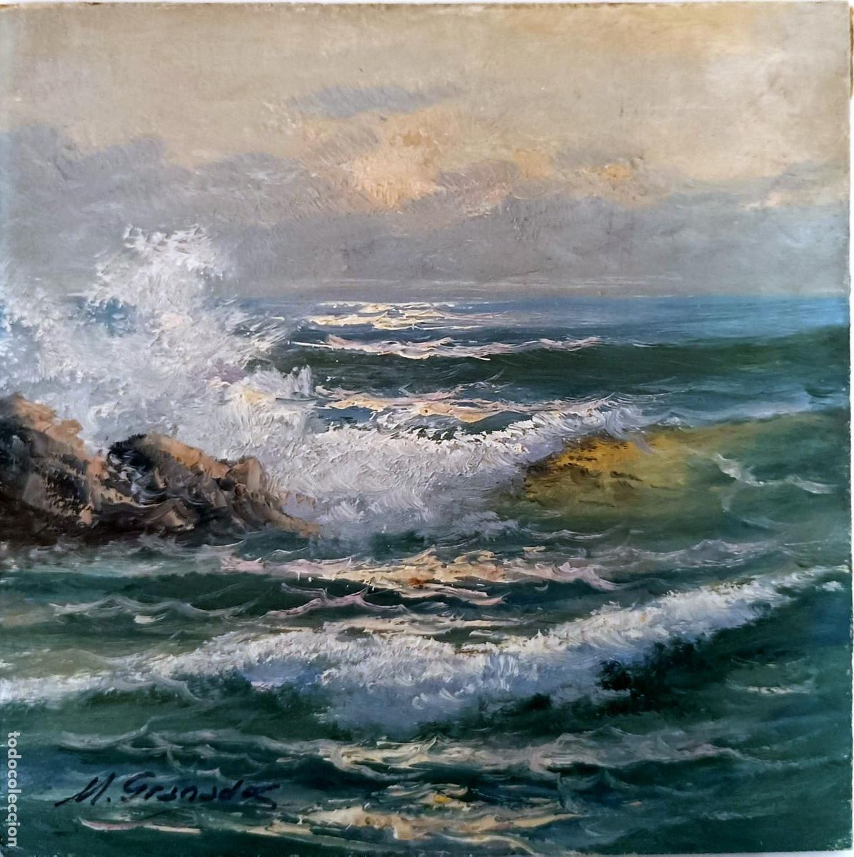 Kunst: &Oacute;leo sobre tabla. Mar agitado. Miguel Granados. 20x20 cm
