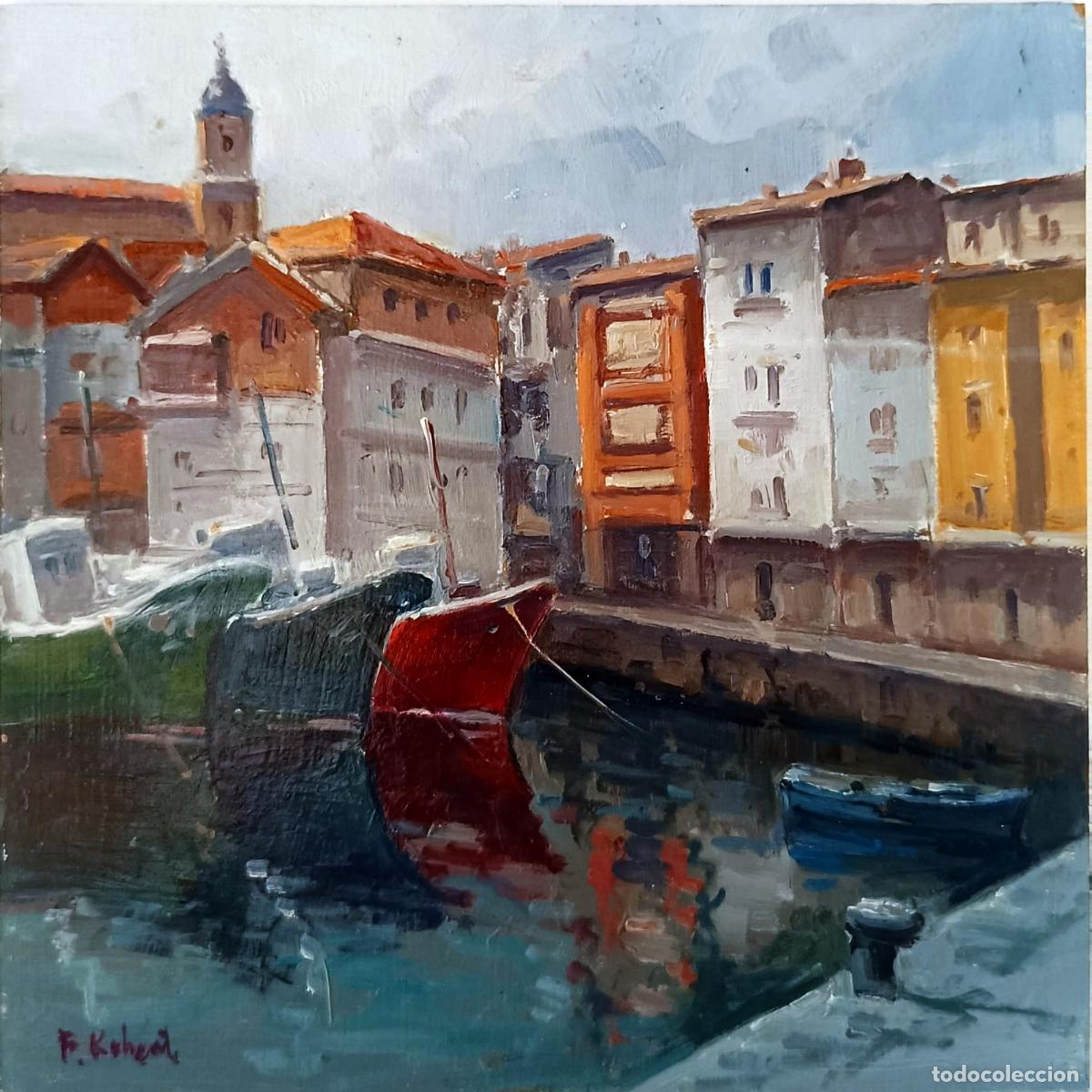 Kunst: &Oacute;leo sobre tabla. Puerto con barcos. F. Robert. 20x20
