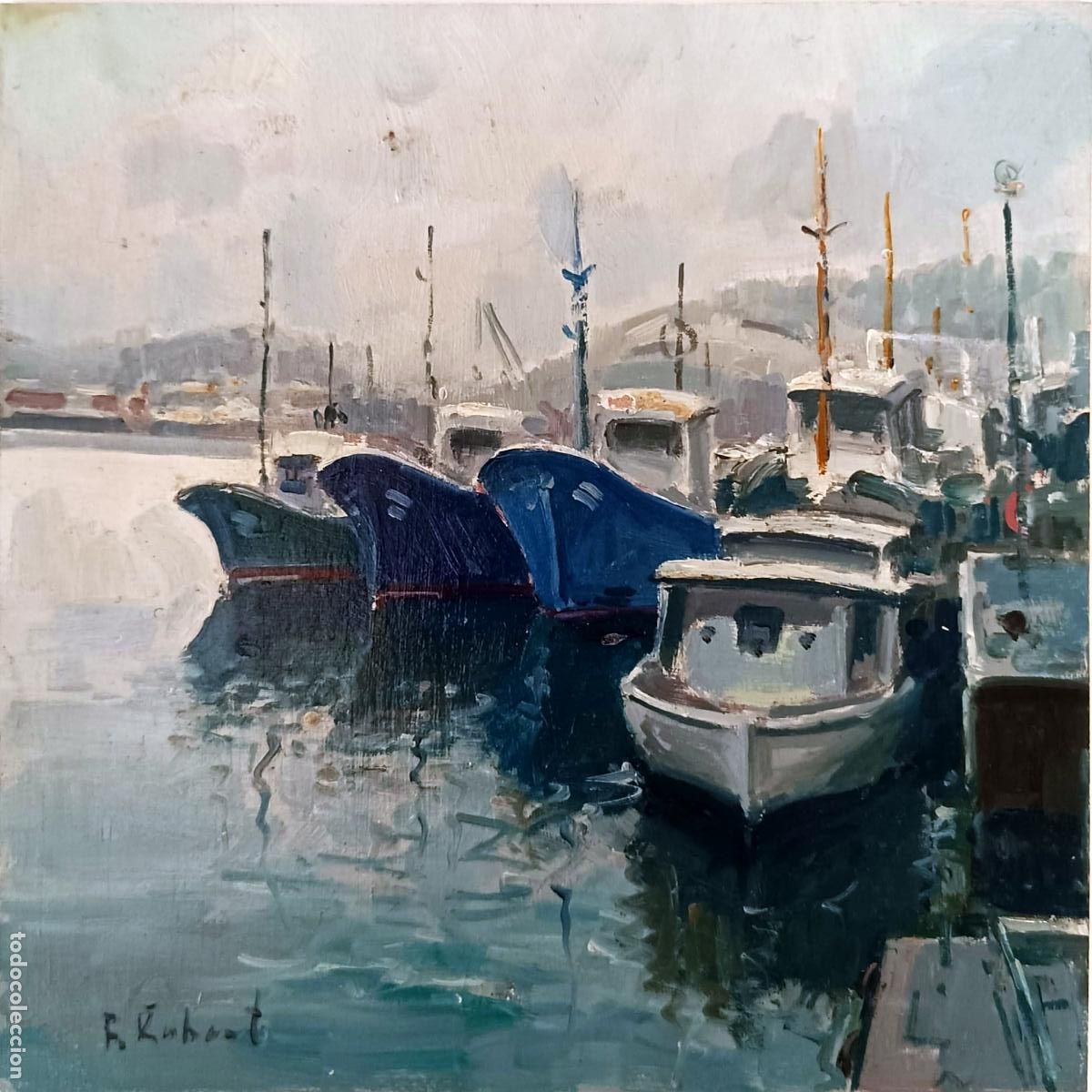 Kunst: &Oacute;leo sobre tabla. Barcos en puerto. Firmado F Robert. 20x20 cm