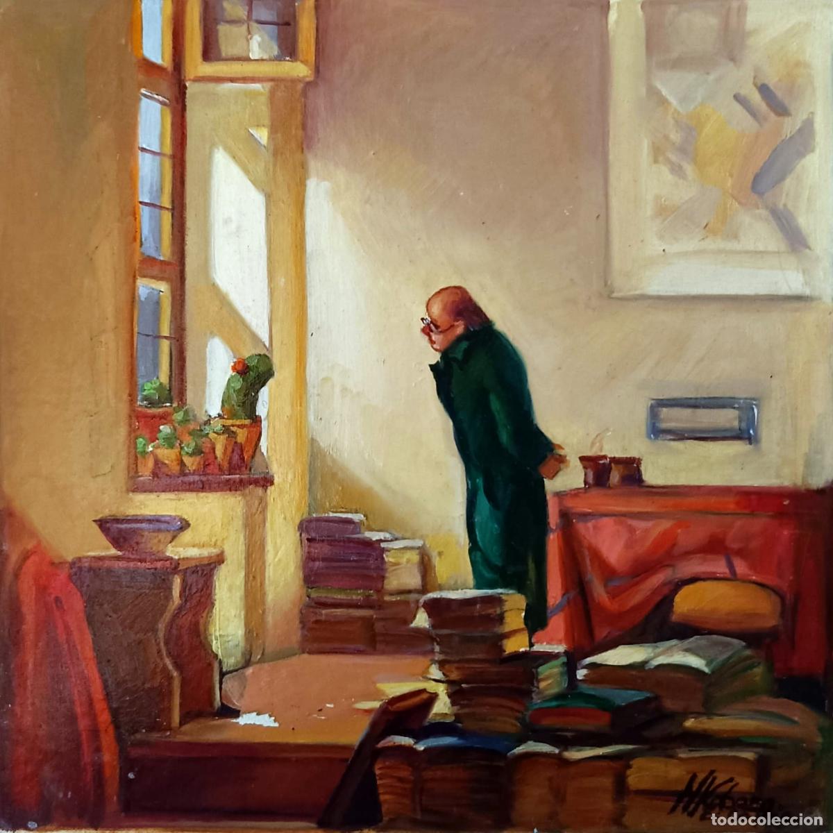 Kunst: &Oacute;leo sobre tabla. Interior con figura y libros. M Cabezas. 20x20 cm