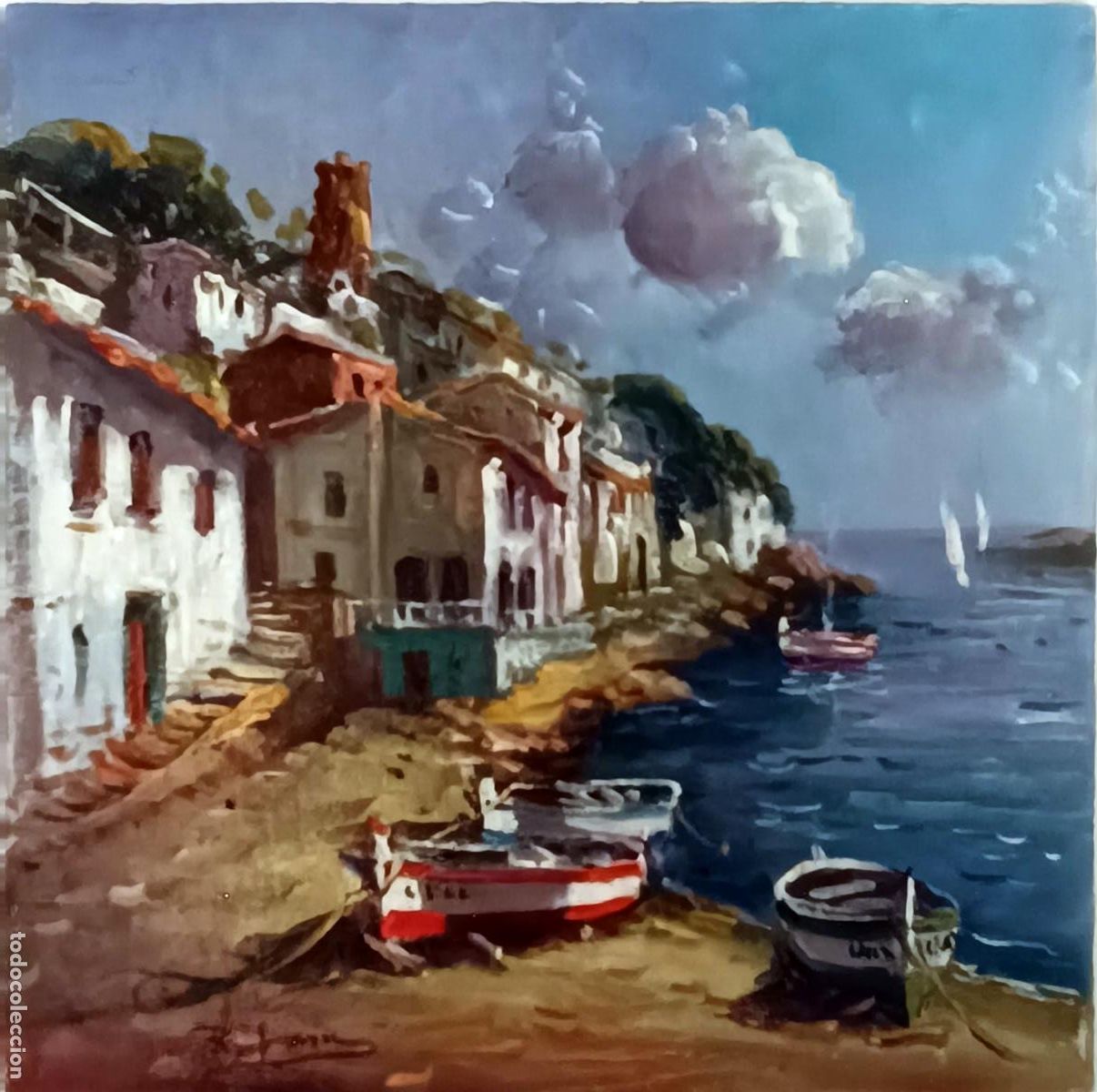 Kunst: &Oacute;leo de Rafael Lara. Paisaje mar&iacute;timo con embarcaciones. 20 x 20 cm