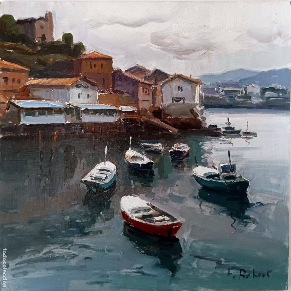 Kunst: &Oacute;leo sobre tabla. Paisaje mar&iacute;timo. Firmado F. Robert. 20 x 20 cm