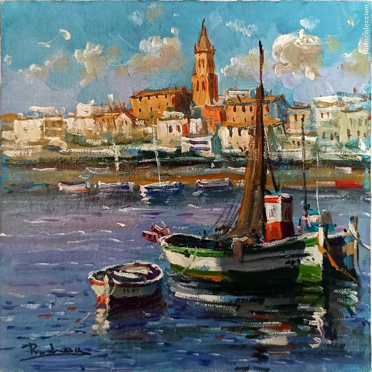 Kunst: &Oacute;leo sobre tabla. Paisaje mar&iacute;timo. Rafael Lara. 20x20 cm