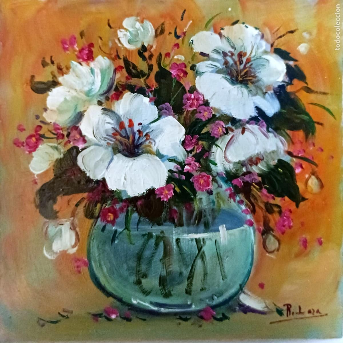 Kunst: &Oacute;leo sobre tabla. Flores en jarr&oacute;n. Rafael Lara. 20 x 20 cm