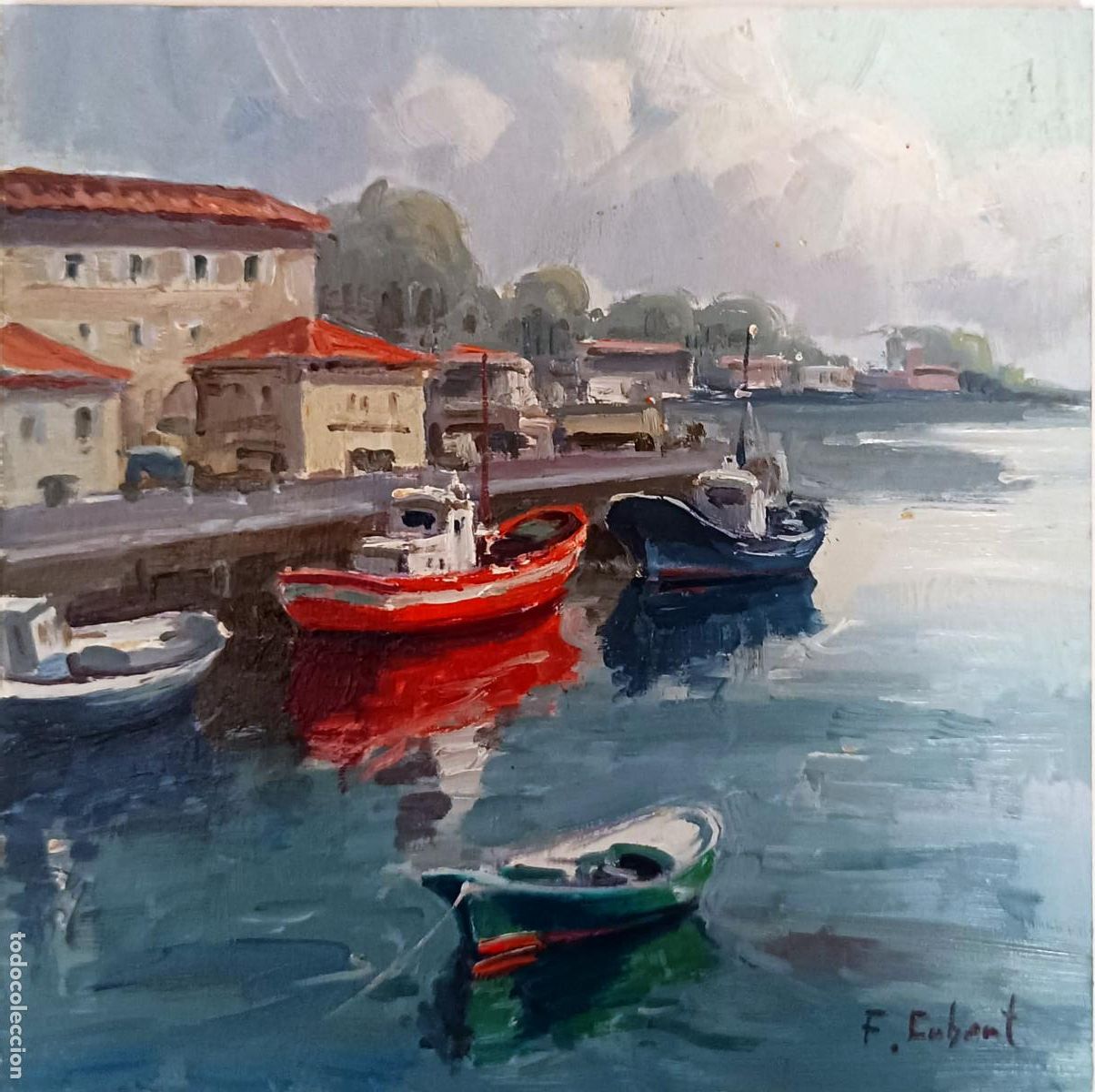 Arte: &Oacute;leo sobre tabla. Puerto con barcas. Firmado F. Eubaert. 20x20 cm
