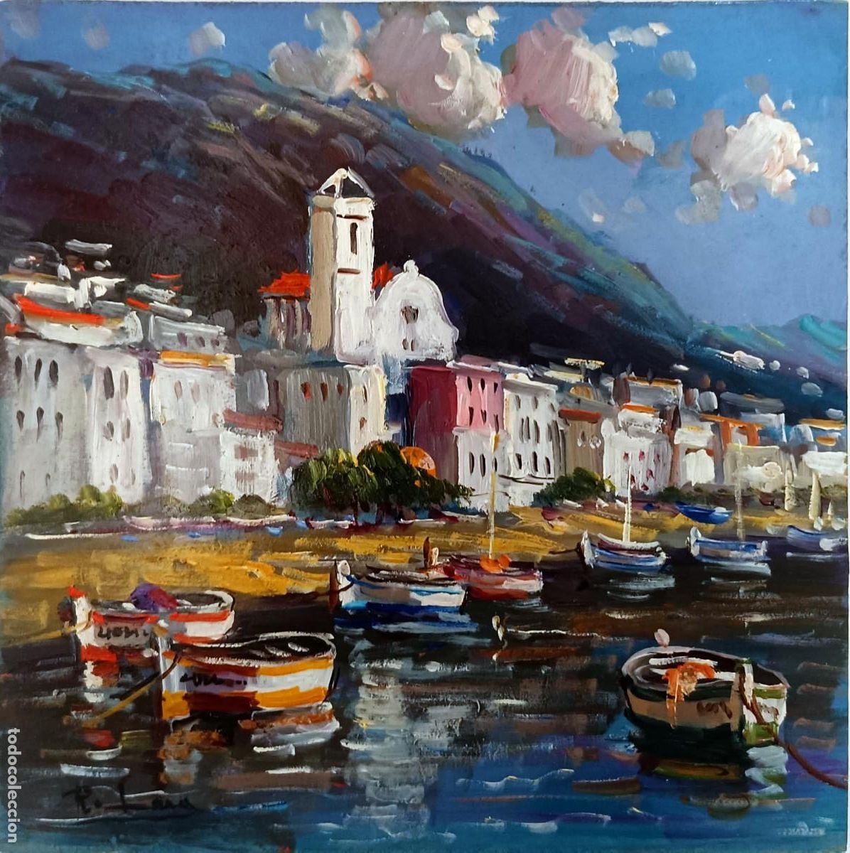 Arte: &Oacute;leo de Rafael Lara. Pueblo costero con barcos. 20x20 cm