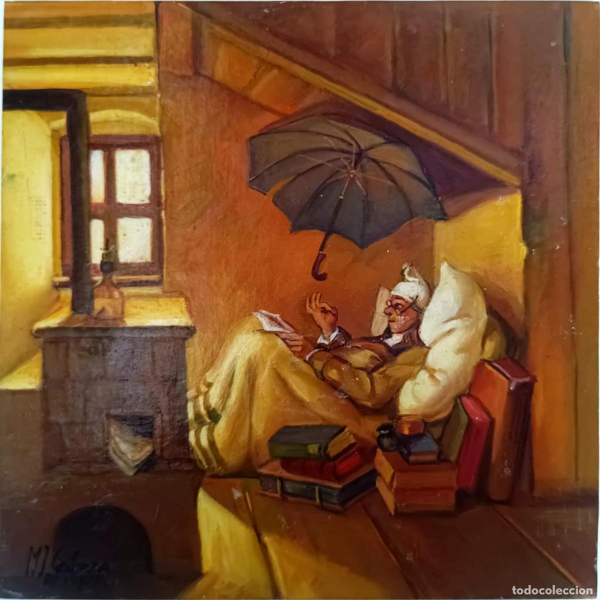Arte: &Oacute;leo sobre tabla. Interior con lector. M Cabezas. 20 x 20 cm