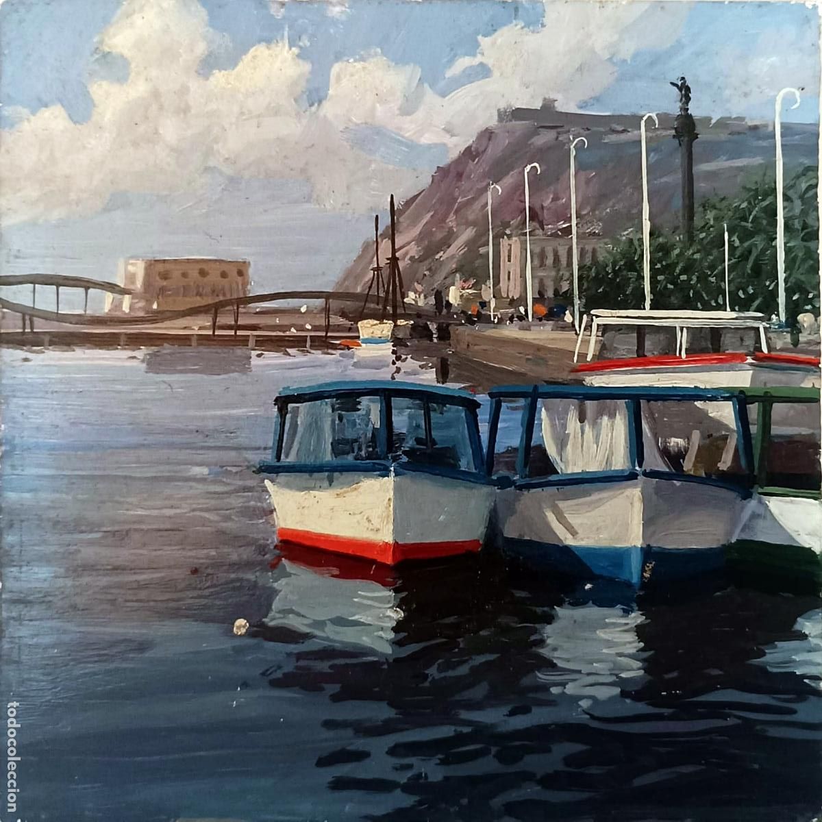 Arte: &Oacute;leo sobre tabla. Paisaje mar&iacute;timo con barcas. An&oacute;nimo. 20x20 cm