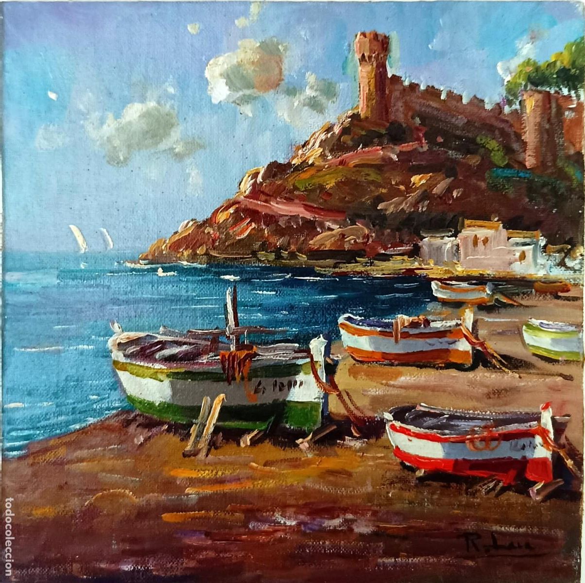 Arte: &Oacute;leo de Rafael Lara. Paisaje mar&iacute;timo con barcas y castillo. 20x20 cm