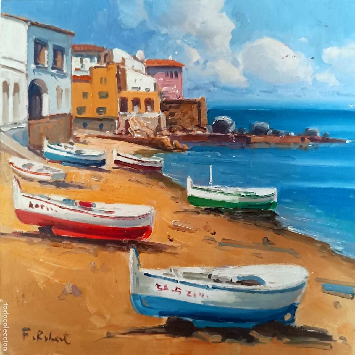 Arte: &Oacute;leo de F Robert. Paisaje mar&iacute;timo con barcas. 20x20 cm