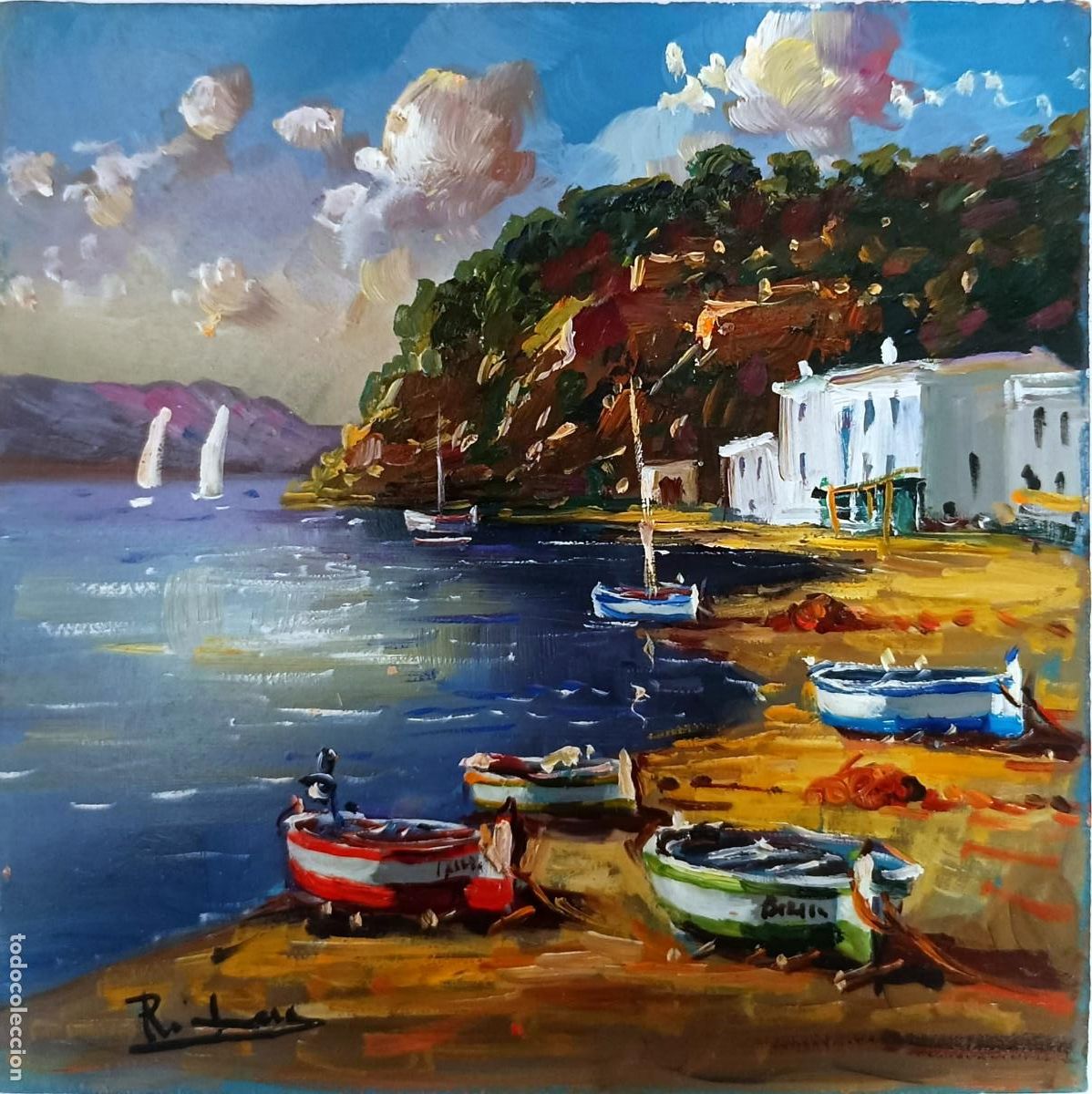 Arte: &Oacute;leo sobre tabla. Paisaje mar&iacute;timo. Rafael Lara. 20x20 cm