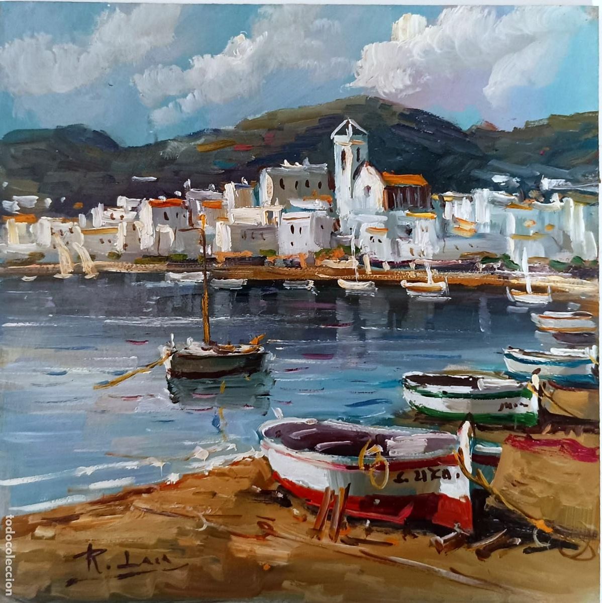 Arte: &Oacute;leo de Rafael Lara. Paisaje mar&iacute;timo con embarcaciones. 20 x 20 cm