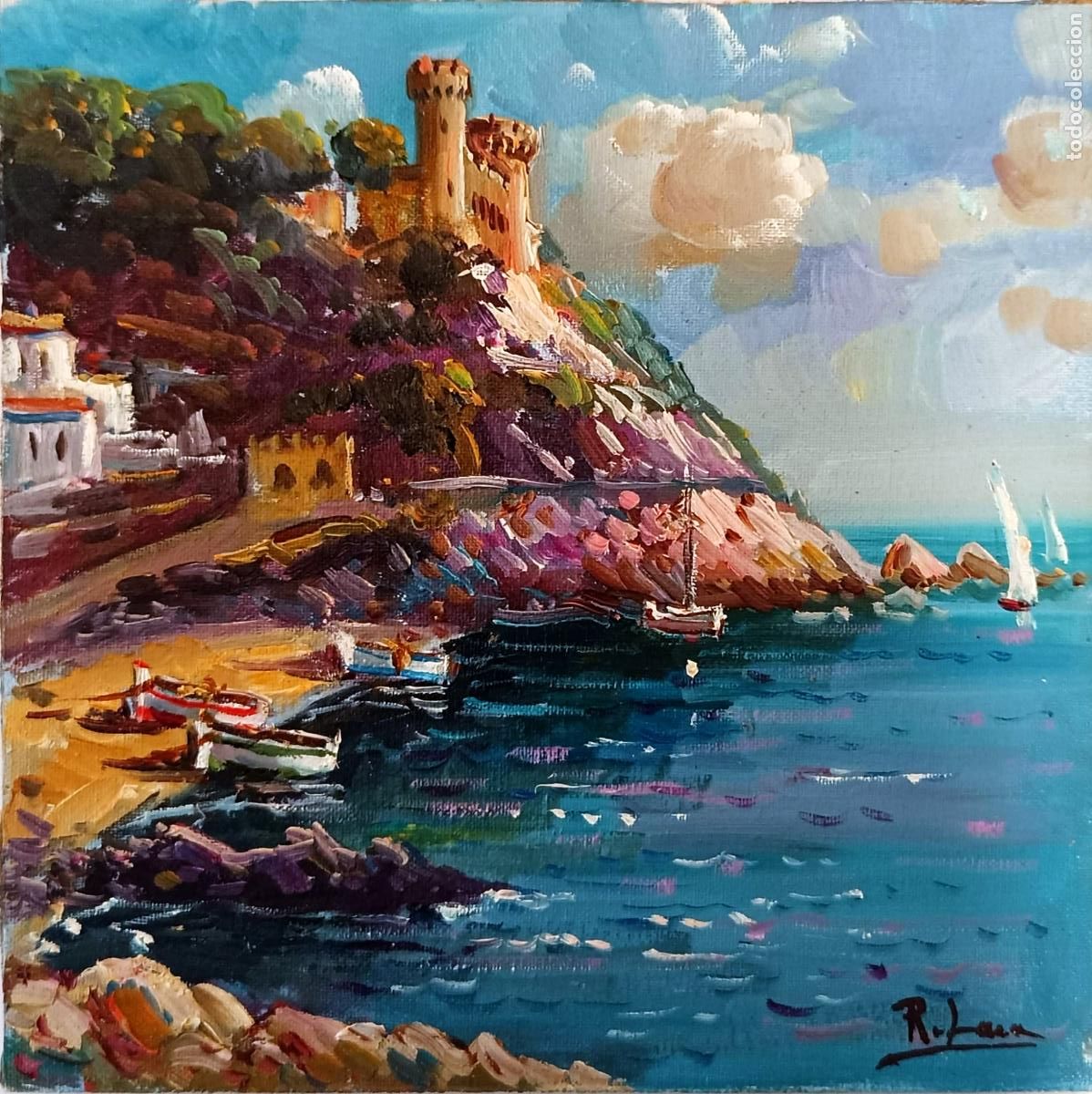 Arte: &Oacute;leo sobre tabla. Paisaje mar&iacute;timo con castillo. Rafael Lara. 20x20 cm