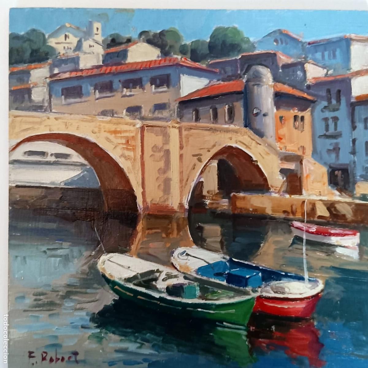 Arte: &Oacute;leo sobre tabla de F. Robert. Paisaje fluvial con puente y barcas. 20x20 cm