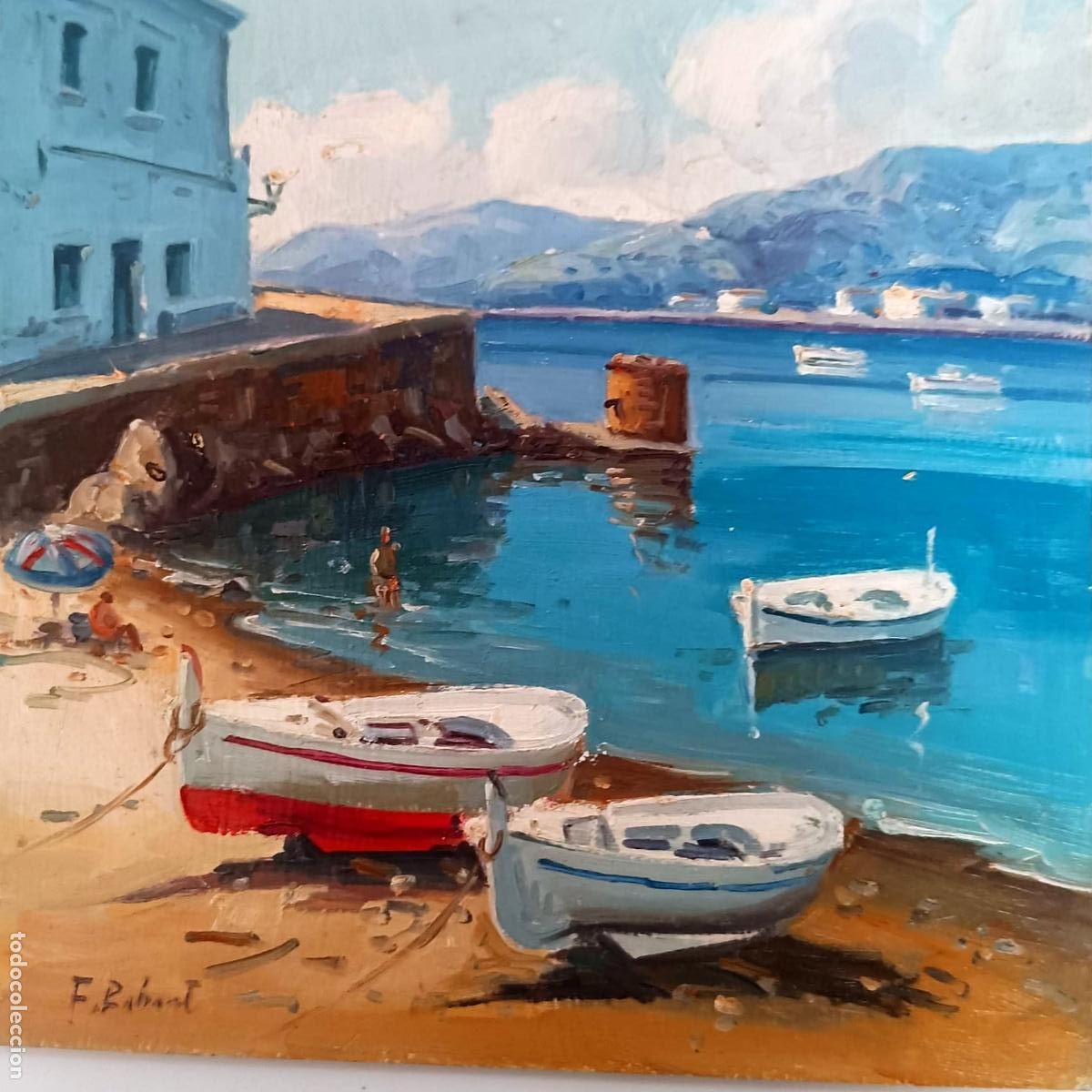 Arte: &Oacute;leo sobre tabla. Paisaje mar&iacute;timo. Firmado F. Robert. 20 x 20 cm
