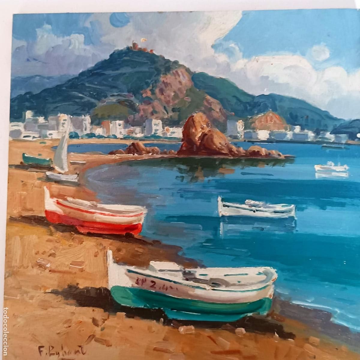 Arte: &Oacute;leo sobre tabla. Paisaje mar&iacute;timo con barcas. F Robert. 20 x 20 cm